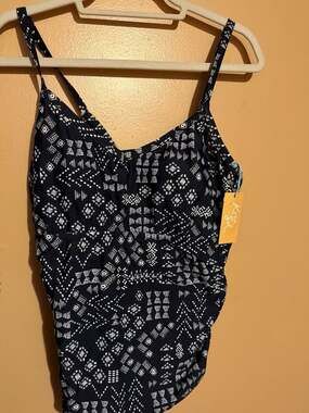 Kona Sol Women's Plus Size Shirred Tankini Top Navy Blue Geometric Print 14W